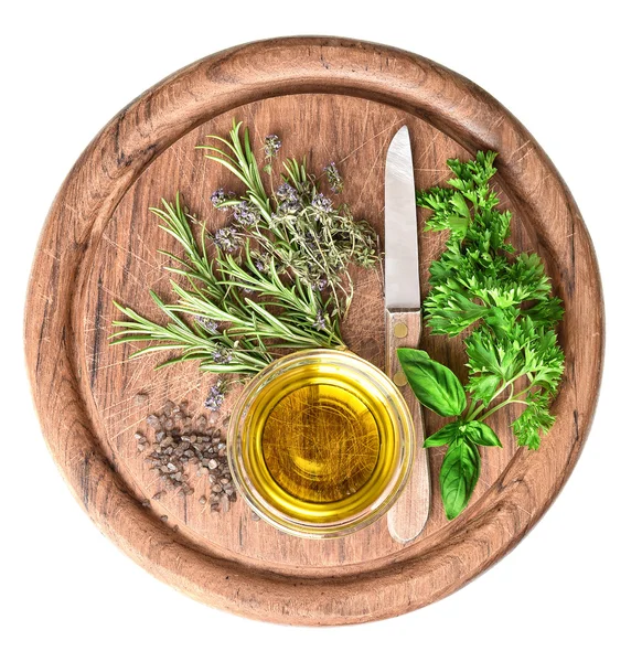 Olive oil with fresh herbs thyme, basil and rosemary — Stock Photo, Image
