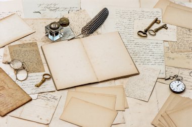 old letters, antique accessories and office tools