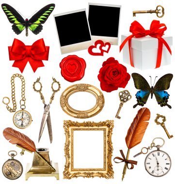 Objects for scrapbook. clock, key, photo frame, butterfly clipart