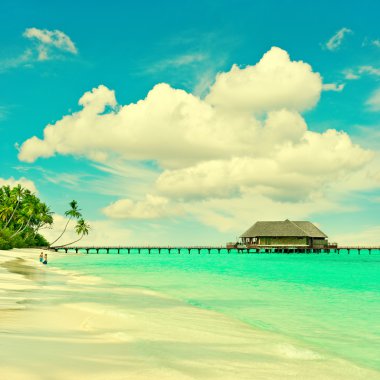 turqiuse su ve mavi gökyüzü ile tropik ada plaj