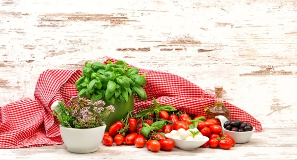 Tomates, manjericão, mussarela e azeite. alimentos saudáveis — Fotografia de Stock