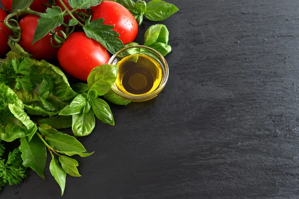 Tomater och färsk basilika blad med olivolja — Stockfoto