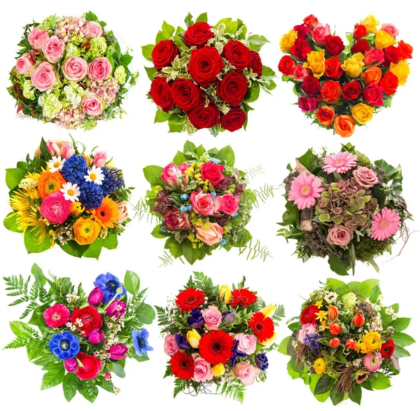 Nine colorful flowers bouquet on white — Stock Photo, Image