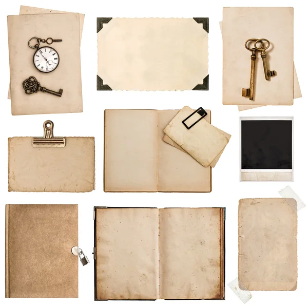 Antique grungy paper sheets, books and photo frames — Stock Photo, Image