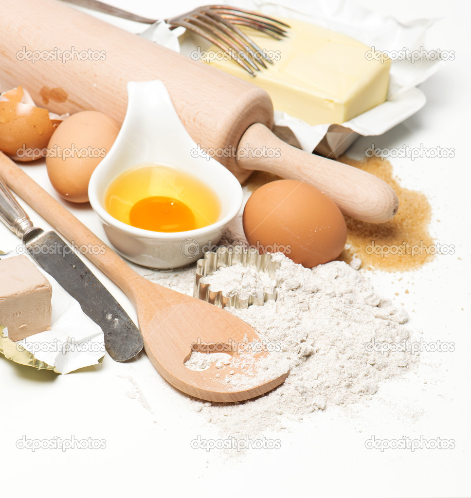 eggs, flour, sugar, butter, yeast. dough preparation