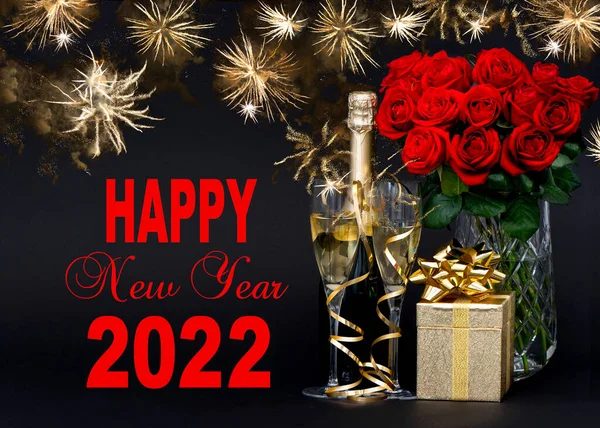 Buon Anno 2022 Rose Rosse Bottiglia Champagne Confezione Regalo Dorata — Foto Stock