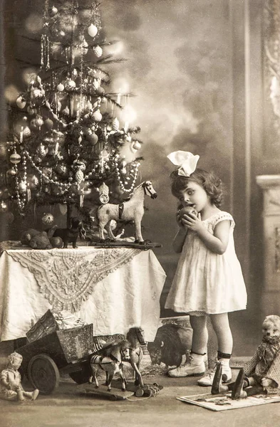 Littele Girl Christmas Tree Vintage Toys Old Photo Postcard — Stock Photo, Image