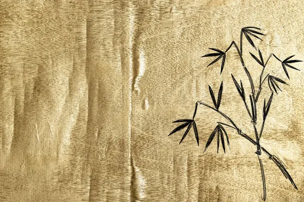 Bambu Bitkisi Eskiziyle Altın Ahşap Arka Plan Altın Renkli Parlak — Stok fotoğraf
