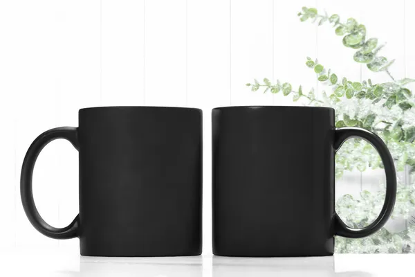 Black Mug Mockup Bright Christmas Decoration — Stock Photo, Image