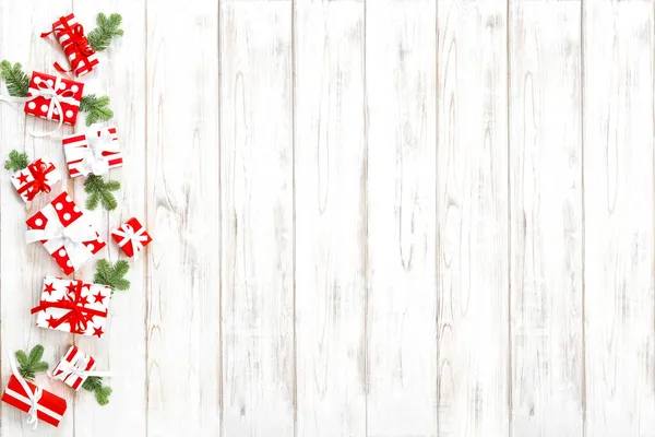 Christmas Banner Gift Boxes Wooden Background — Stock Photo, Image