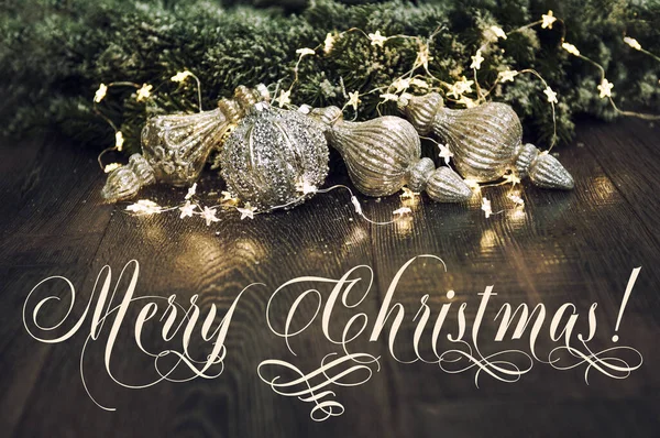 Merry Christmas Baubles Ornaments Golden Lights Vintage Toned Picture — Stock Photo, Image