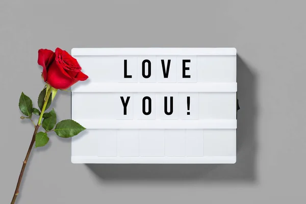 Miluju Světelná Krabička Písmeny Červenou Květinovou Výzdobou Valentines Day Concept — Stock fotografie