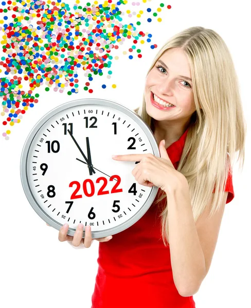 New Year 2022 Five Twelve Beautiful Girl Big Clock Party — 스톡 사진