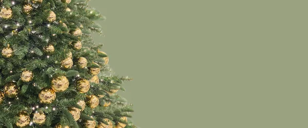 Christmas Tree Golden Baubles Lights Long Green Banner — Stock Photo, Image