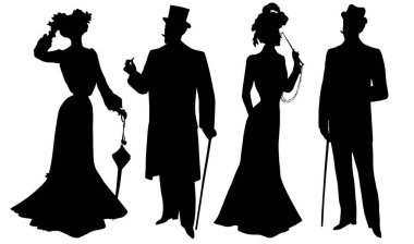 Klasik şık elbise ve şapkalı kadın erkek silueti. Beyaz arka planda izole edilmiş moda insanları