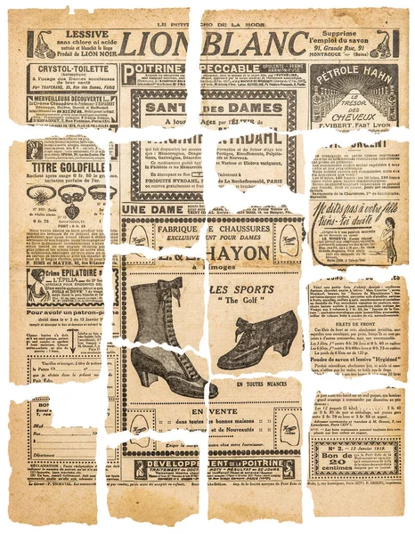Krant Stukken Met Vintage Reclame Franse Tijdschrift Pagina Tapes — Stockfoto