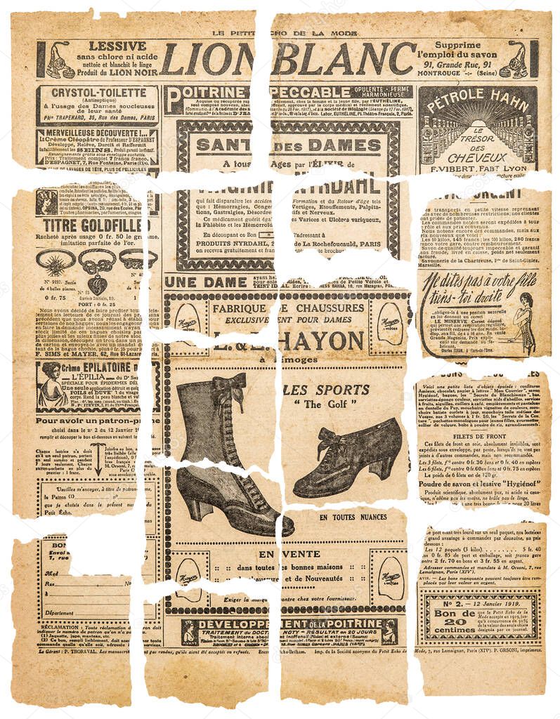 Newspaper pieces with vintage advertising. French magazine page tapes
