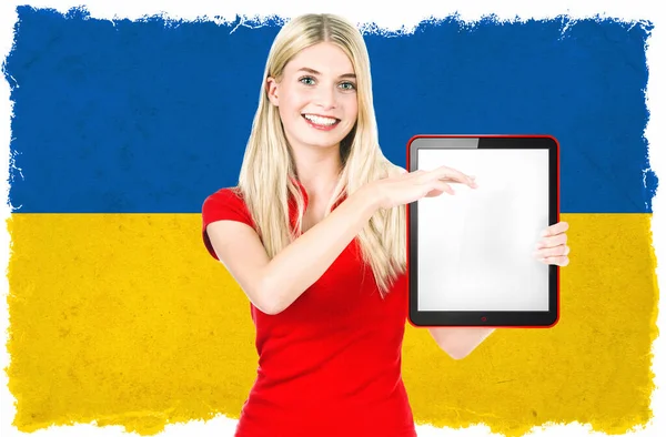 Young Woman Ukrainian National Flag Background Holding Tablet — стокове фото