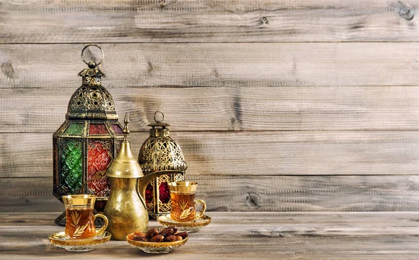 Oriental Lantern Tea Table Wooden Background Holidays Decoration — Stock fotografie