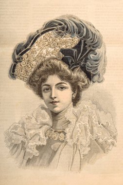 Seçkin bir elbise ve şapka giyen bir kadın. 1901 'den, Fransa' dan, Paris 'ten kalma antik oymalar.