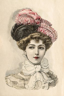 Klasik şık şapka ve elbise giyen bir kadın. 1901 'den, Fransa' dan, Paris 'ten eski moda gravürleri.