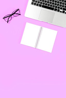 Office flat lay template background. Laptop notebook pen