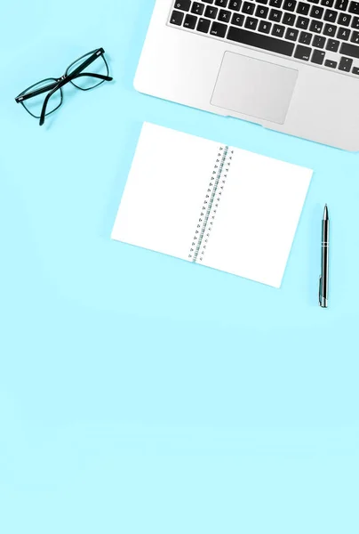 Office Flat Lay Template Laptop Notebook Pen Blue Background — Stockfoto