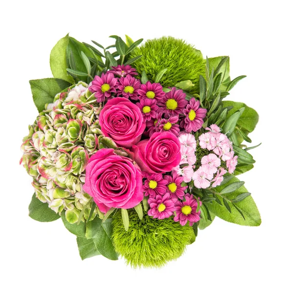 Boeket Van Frisse Roze Rozen Met Decoratie Witte Achtergrond — Stockfoto