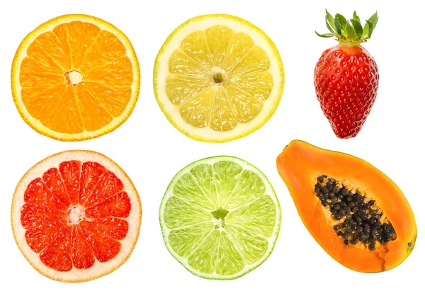 Tropical Fruit Lemon Orange Lime Papaya Strawberry Slice Isolated Transparent — Stock Photo, Image