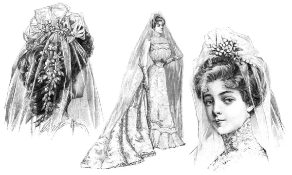 Bride Wearing Vintage Wedding Dress Antique Fashion Engraving 1901 France — Stock Photo, Image