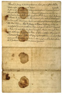 Old used stained paper background. Unreadable calligraphic handwriting