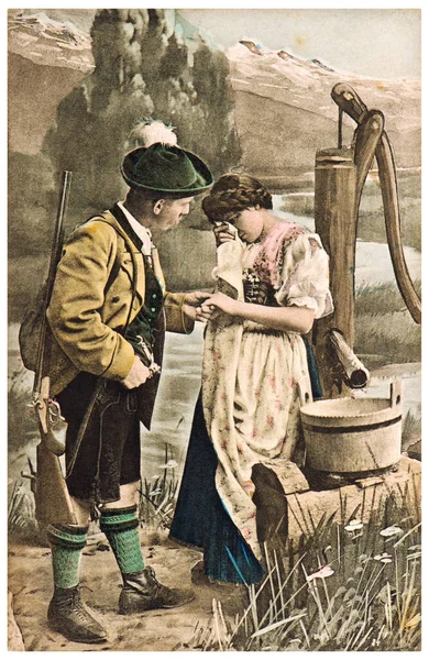 Couple Typical Bavarian Dress Vintage German Postcard — Photo