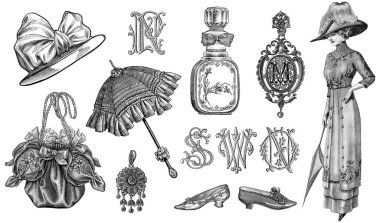 Eski moda gravür seti. Monogram harfleri. Viktorya Dönemi