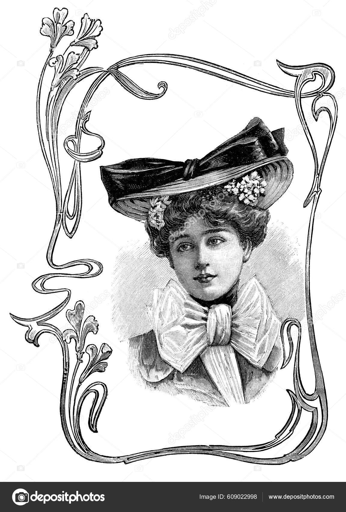 女性の肖像画 鉛筆画 L.D. サイン入り フランスアンティーク 若い婦人