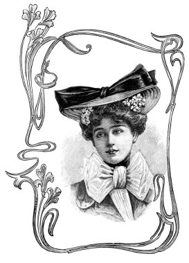 Retro şapkalı genç kadın portresi. 1900 'lerden kalma eski moda gravür, Fransa, Paris