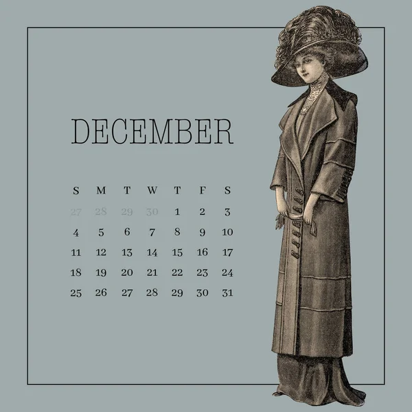 日历12月模板 老式维多利亚式时装设计背景 — 图库照片