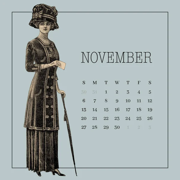 Πρότυπο Ημερολογίου Νοεμβρίου Vintage Victorian Μόδα Σχεδιασμό Φόντο — Φωτογραφία Αρχείου