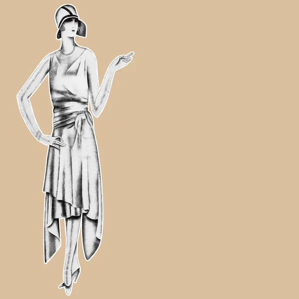 Retro Styl Módní Šablona Žena Sobě Vintage Elegantní Šaty Klobouk — Stock fotografie