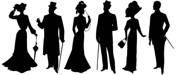 男人女人的轮廓 穿着古色古香典雅的衣服和帽子 被白色背景隔离的复古时尚人士 — 图库照片