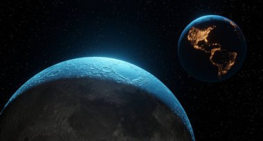 Ay kraterlerinin yakın çekim alanı gerçekçi olarak, sonra dünya arka planda Amerika şehirleri ile parlıyor, güneş parlıyor, 3D render, dünya ve ay.