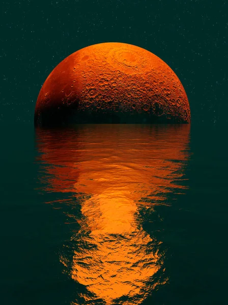 Czerwony Pomarańczowy Księżyc Realistyczne Odbicie Wodzie Morze Ocean Fantastyczny Krajobraz — Zdjęcie stockowe