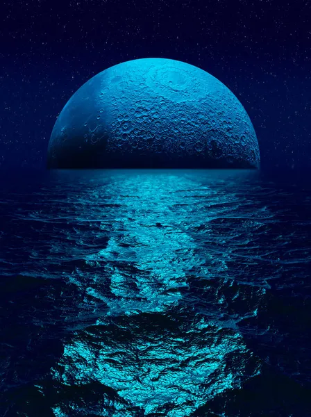 Niebieski Księżyc Realistyczne Odbicie Wodzie Morze Ocean Fantastyczny Krajobraz Renderowania — Zdjęcie stockowe
