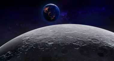 Ay kraterlerinin yakın çekim alanı gerçekçi olarak, sonra dünya arka planda Amerika şehirleri ile parlıyor, güneş parlıyor, 3D render, dünya ve ay.