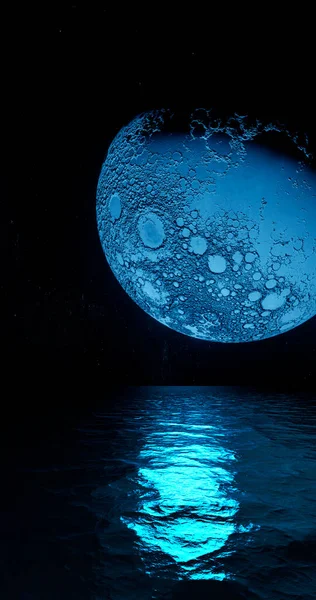 Renderowanie Księżyc Tłem Droga Mleczna Księżyc Utwór Odbicie Wodzie Morze — Zdjęcie stockowe