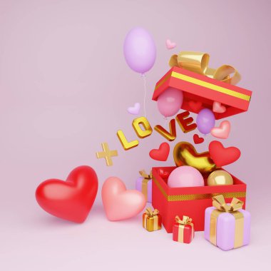 3D çizim, sevgililer günü, kalpli güzel bir kompozisyon. Dekoratif tasarım için modern tebrik kartı şablonu. Pembe arka plan. Romantik arkaplan.