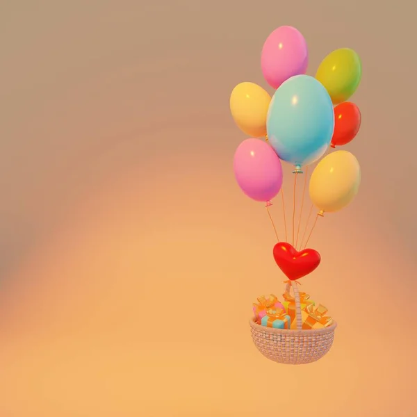 Boyutlu Görüntüleme Renkli Balonlar Içinde Hediyeler Olan Sıcak Turuncu Bir — Stok fotoğraf