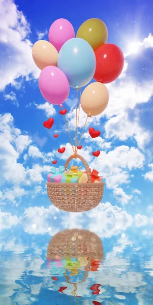 Boyutlu Görüntüleme Çok Renkli Balonlar Içinde Hediyeler Olan Bir Sepet — Stok fotoğraf