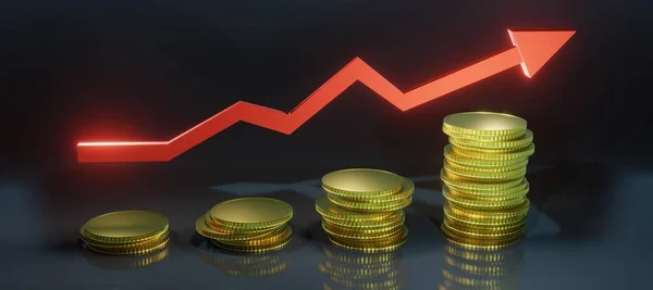 3D render, monetization growth concept, asset contribution savings growth, Red Arrow chart shows financial growth, dark background