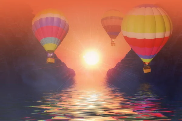 気球で美しい風景は 太陽が夕立の崖ラグーン霧を設定している 3Dレンダリング図 — ストック写真