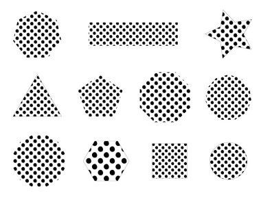 Dot figürleri tasarım elemanları vektör kümesi. Astar çizer programında kumaş örnekleriyle kusursuz polka nokta deseni. Noktalı daire, kare, yuvarlak, yıldız, üçgen şekiller sanat nesneleri tasarlıyor. Leke pankartları 
